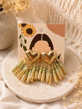 NWT Handmade Gold-Tone Heart Statement Earrings with Sage Green Beaded Fringe